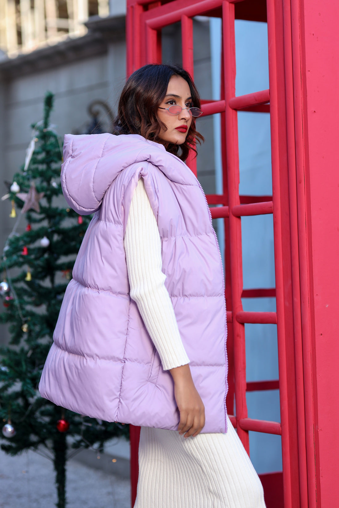 Rococco Soft Sleeveless Puffer Jacket with hoodie Lilac